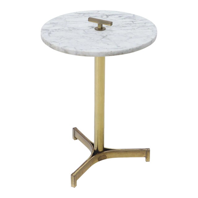 Mid 20th Century Round Marble Top Tripod Brass Base Legs Butler Side Table For Sale