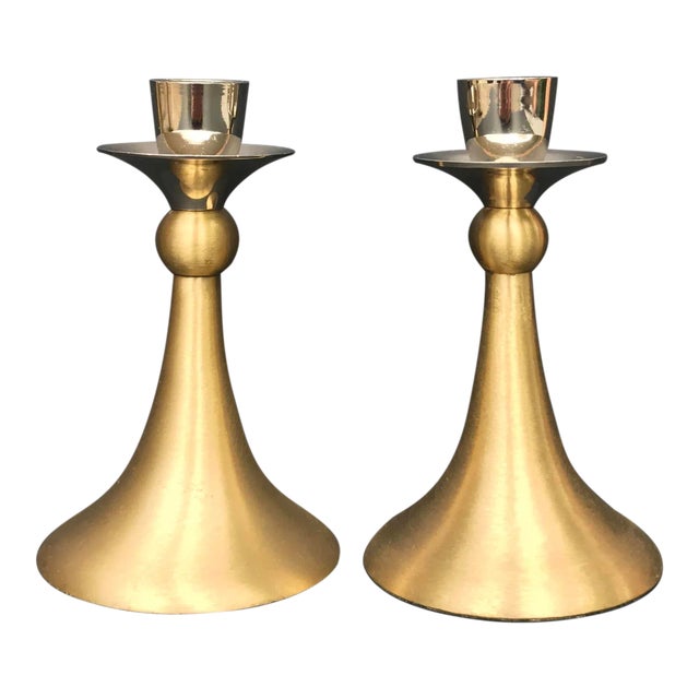 Mid-Century Brushed Brass and Silver Candle Holders - a Pair For Sale