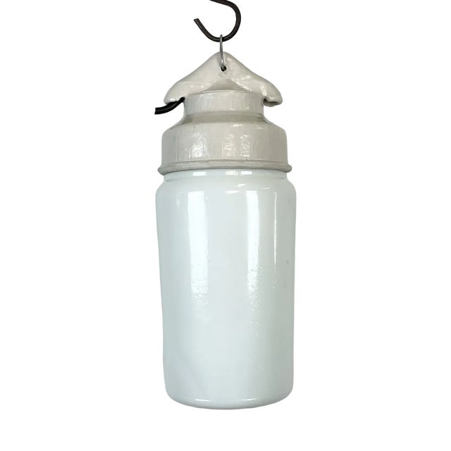 Industrial White Porcelain Pendant Light with Milk Glass, 1970s For Sale