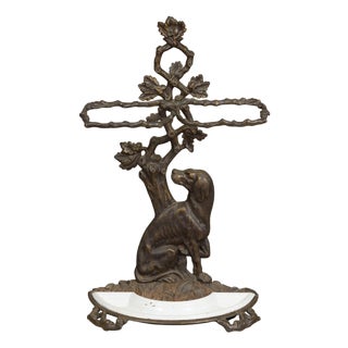 English Iron Umbrella Stand with Dog and Tree Motif and White Receptacle For Sale