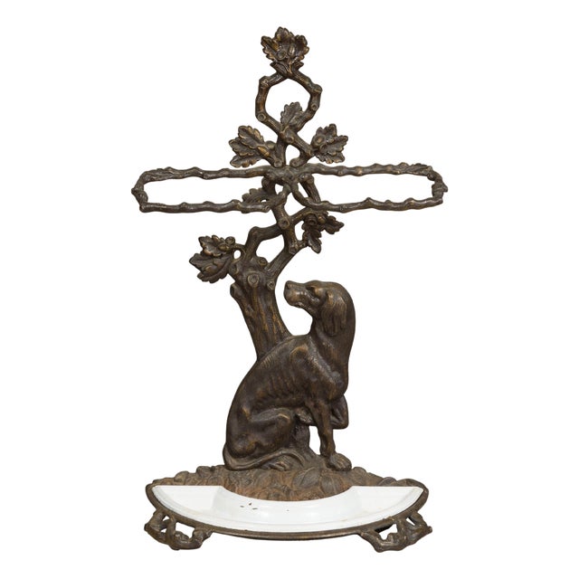 English Iron Umbrella Stand with Dog and Tree Motif and White Receptacle For Sale