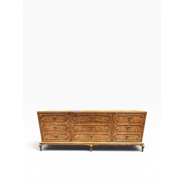 Mid-Century Modern 1970s Mastercraft Burlwood 9-Drawer Dresser W/ Brass Ring Pulls For Sale - Image 3 of 14