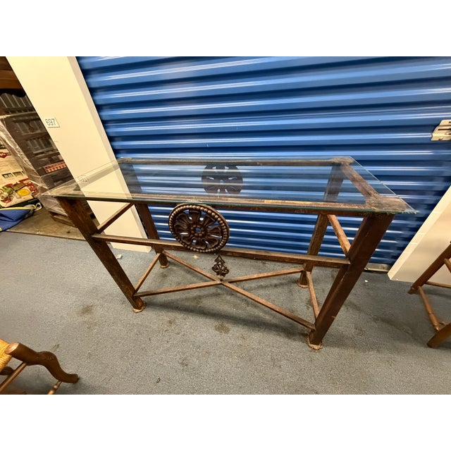 Mid 20th Century Vintage Brass & Glass Console Table – Ornate Metal Base With Floral Medallion Detail For Sale - Image 5 of 10