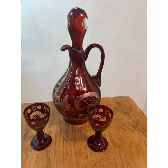 AntiquevEtched Red Cranberry Decanter Set With 2 Glasses For Sale - Image 4 of 10