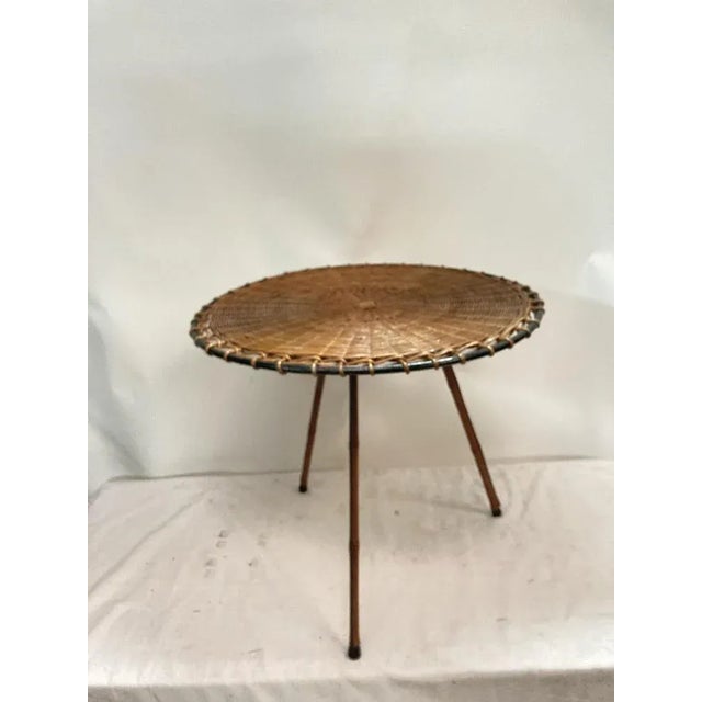 Beige Rattan and Leather Side Table by Jacques Adnet, 1950s For Sale - Image 8 of 8