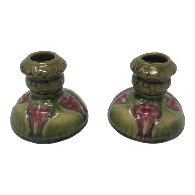 Early 20th Century After Brush McCoy Majolica Amarylis Candle Holders - a PAir For Sale