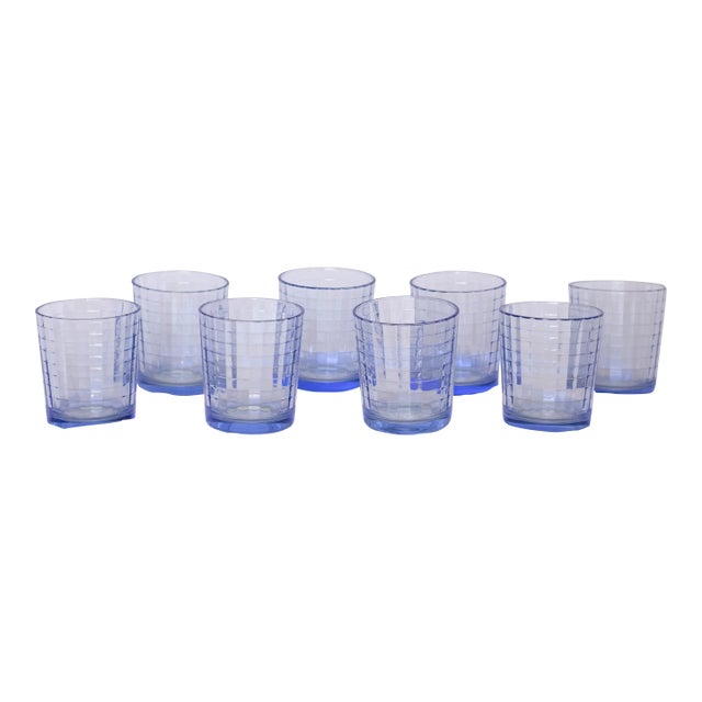 Vintage Paşabahçe “Scotch Blue” Lowball Glasses – Block Optic – Set of 8 For Sale