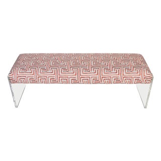Modern Lucite Bench Newly Upholstered in Geometric Coral For Sale