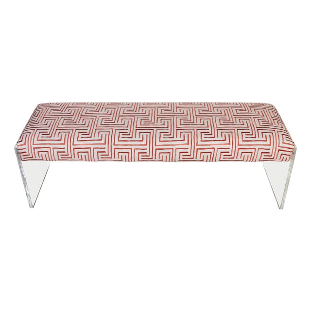 Modern Lucite Bench Newly Upholstered in Geometric Coral For Sale