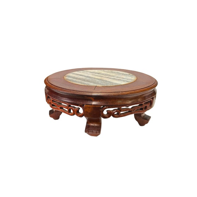 The Chinese Brown Wood Round Stone Top Vase Stand Display Riser is a stunning piece of decorative furniture that exudes...