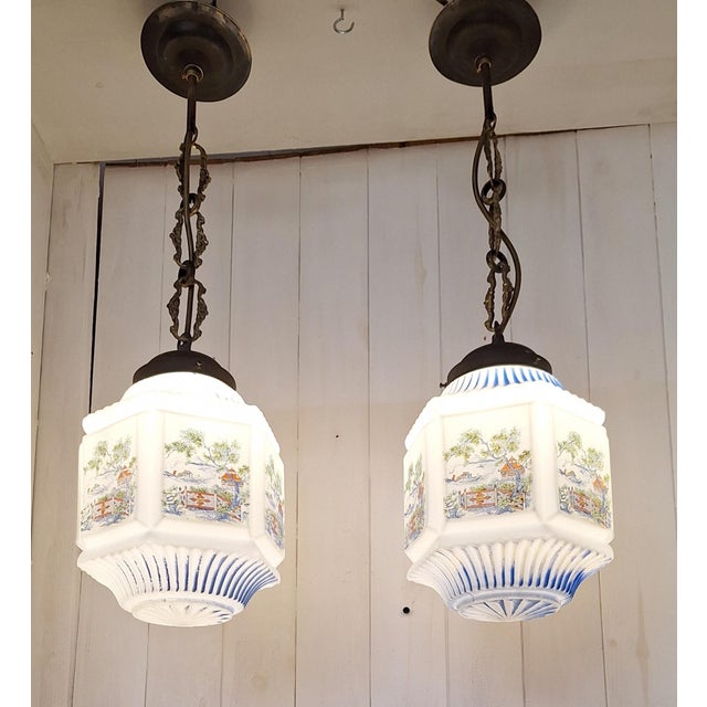 Antique German Art Nouveau Pendants with Opaque White Glass Shades, Japanese Motifs and Brass Mounts, 1900s, Set of 2 For Sale - Image 5 of 9