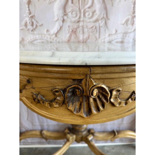 19th Century French Louis XV Style Carved Giltwood Console Table With White Marble Top For Sale - Image 5 of 15