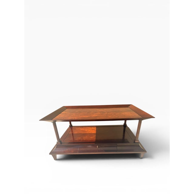 Wood Late 20th Century Baker Furniture Mahogany Two-Tier Coffee Table With Flame Veneer Top & Fluted Columns For Sale - Image 7 of 15