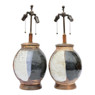 Pair of Multicolored Glazed Stoneware Table Lamps For Sale
