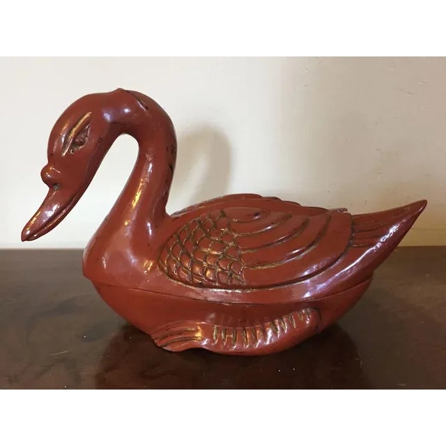 Chinese Antique Chinese Red Orange Lacquer Carved Wood Duck Goose Box For Sale - Image 3 of 11