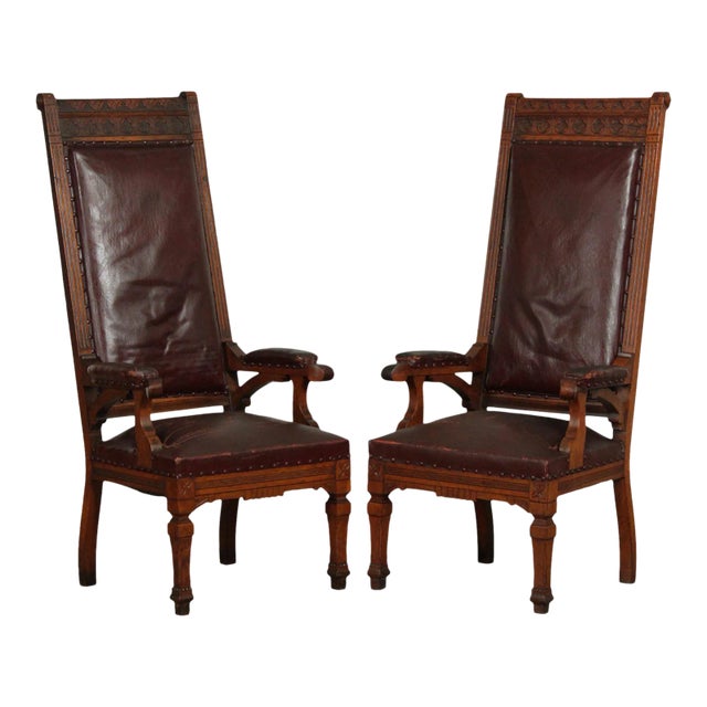 Antique Victorian Oak High Back Masonic Armchairs - A Pair For Sale