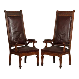 Antique Victorian Oak High Back Masonic Armchairs - A Pair
