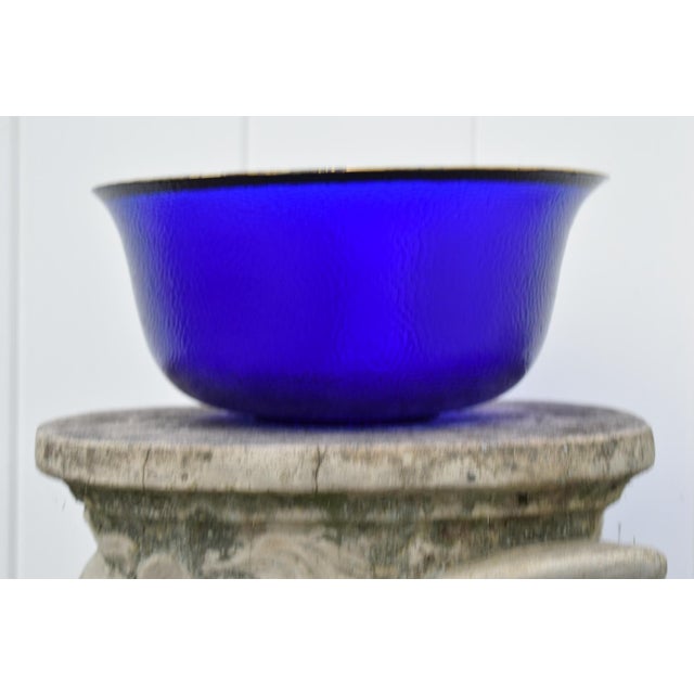 Vintage Cobalt Blue Glass Bowl Gold Rim Textured Pebble Art Glass For Sale - Image 4 of 15