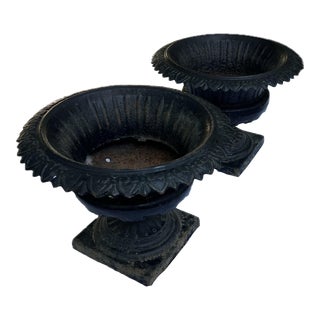 Antique Classical Cast Iron Garden Planters Urns- a Pair For Sale