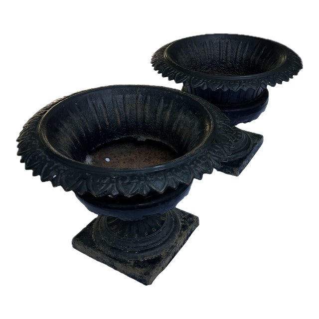 Antique Classical Cast Iron Garden Planters Urns- a Pair For Sale