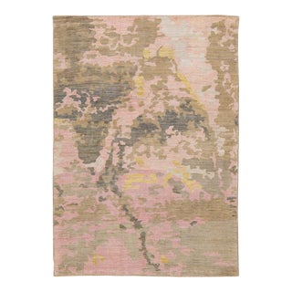 Modern Pink Handmade Abstract Motif Wool Rug For Sale