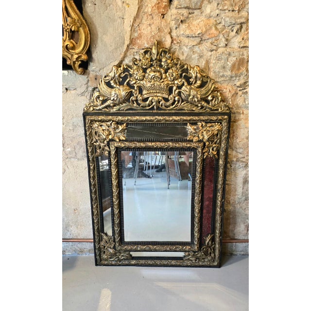 Louis XIV Style Mirror with Blackened Wood and Repoussé Gilt Metal Panels, 1870s For Sale - Image 12 of 12