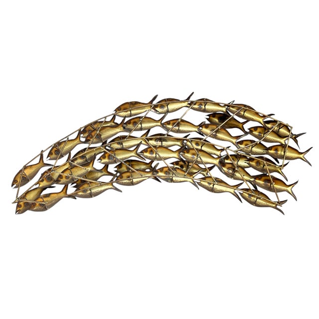 1970s Mid 20th Century Brass Brutalist School of Fish Wall Art Sculpture For Sale - Image 5 of 6