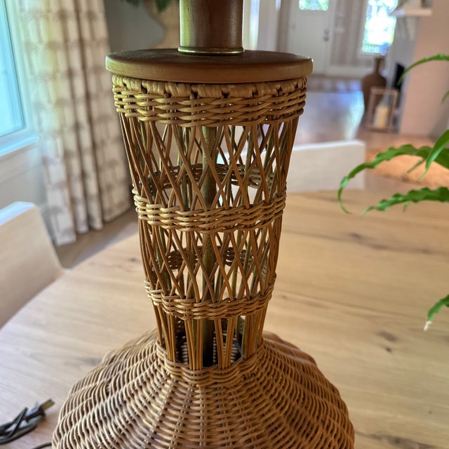 Monumental Vintage Wicker Table Lamp With Matching Dome Shaped Shade For Sale - Image 10 of 11