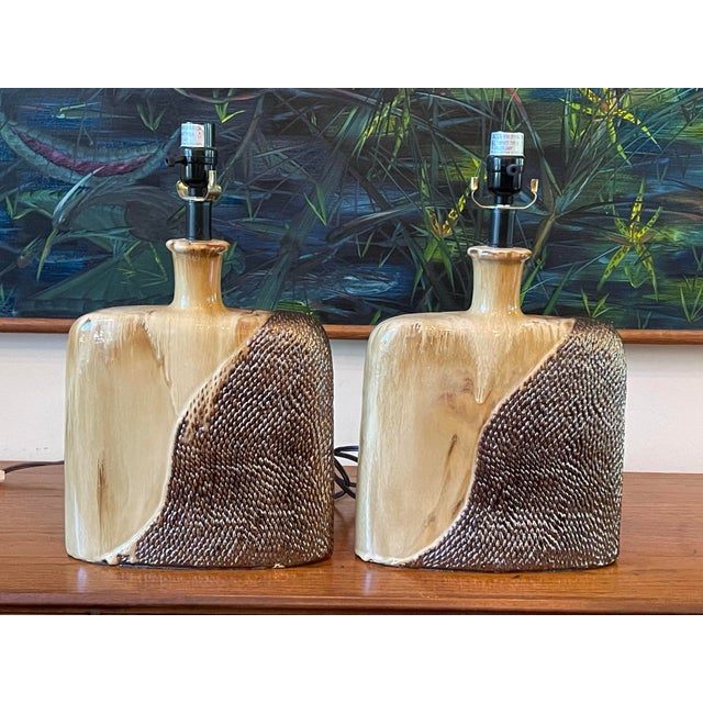 Mid-Century Modern Vintage Sculptural Drip Glaze Ceramic Table Lamps, Pair For Sale - Image 3 of 12