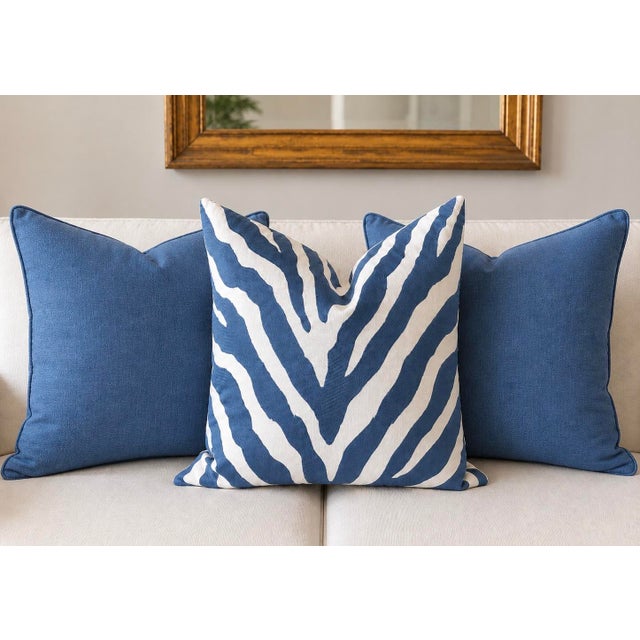 Beautiful 22 x 22 inch Thibaut Fabrics blue zebra pillow with a plush down and feather insert and invisible zipper...