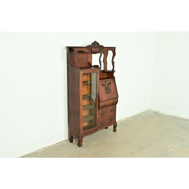 Baker Furniture Company Early Baker Furniture Antique Victorian Carved Tiger Oak Side-by-Side Bookcase With Drop Front Secretary Desk, Circa 1900 For Sale - Image 4 of 17