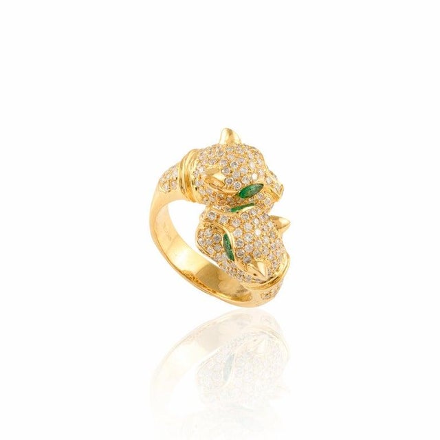 Diamond Panther Double Head Bypass Ring in 18k Solid Yellow Gold Size 7 For Sale - Image 4 of 10