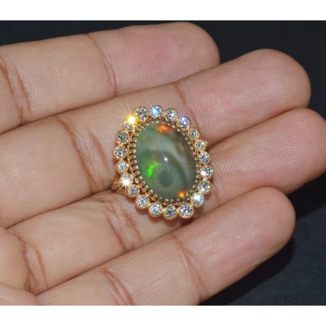 Certified Natural 9.25Cts VS F Diamond Opal 750 18K Solid Gold Cocktail Halo Milgrain Ring, size 6.5 For Sale - Image 4 of 10