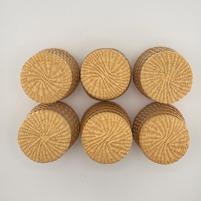 Vintage Woven Rattan Wicker Glass Holders Coastal Barware - Set of 6 For Sale - Image 4 of 11