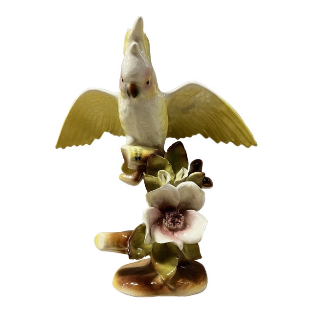 1940s California Pottery Ceramic Tropical Cockatoo on Hibiscus Branch Statue For Sale