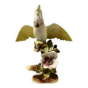 1940s California Pottery Ceramic Tropical Cockatoo on Hibiscus Branch Statue
