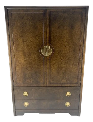 1970s Burl Wood Brass 2 Doors Drawer Mastercraft Gentleman's Chest Dresser