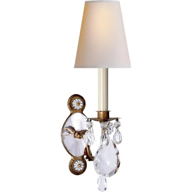 Traditional Thomas O'Brien for Visual Comfort Signature Yves Crystal Single Arm Sconce in Gilded Iron & Crystal with Natural Percale Shade For Sale - Image 3 of 3