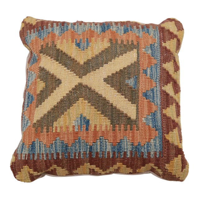 Arteverk Handwoven Afghan Kilim Pillow — Orange & Blue Diamond Medallion For Sale