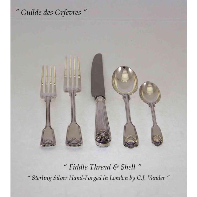 1990s 1990's Sterling Silver 5-Piece Flatware Place-Setting Fiddle Thread & Shell Hand-Forged by C. J. Vander For Sale - Image 5 of 12