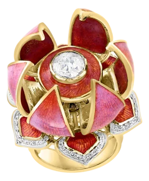 Gorgeous Lotus Flower which open & Close with solitaire Diamond and Enamel S 6.5