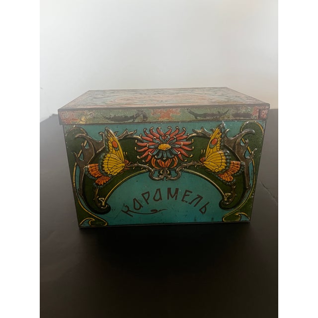 Antique Polychromed Kapamenb Caramel Candy Tin Metal Box With Lid For Sale - Image 4 of 7