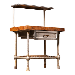 Early 20th Century Industrial Butcher Block Prep Station With Pipe Frame and Overhead Rail