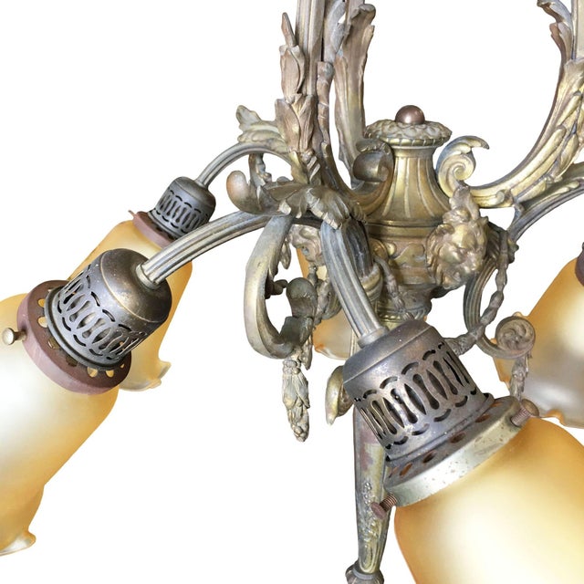 Gold 1900s Louis XVI Style Scrolling Bronze Belle Époque Six-Light Chandelier W/ Shades For Sale - Image 8 of 15