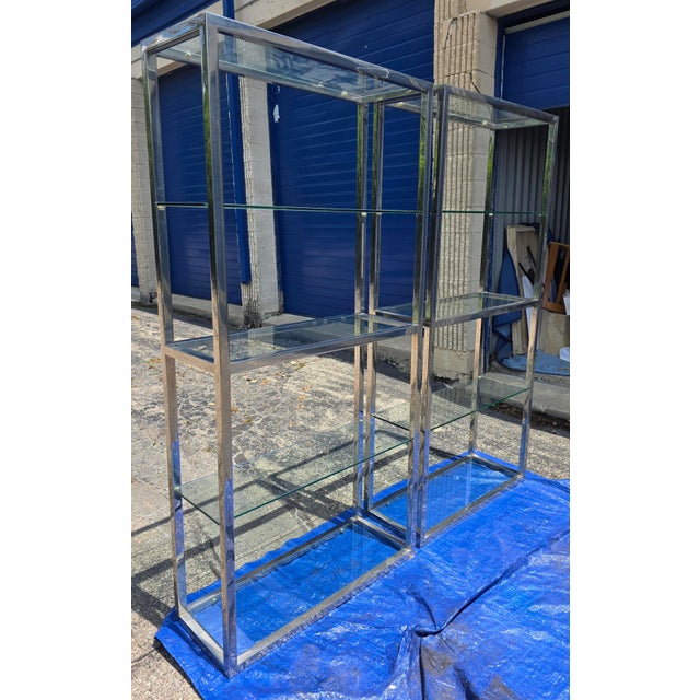 Mid-Century Modern (Pair) McM, 1970s Solid Stainless Steel Flat-Bar Étagères — Milo Baughman / d.i.a. / Brueton Style. For Sale - Image 3 of 12