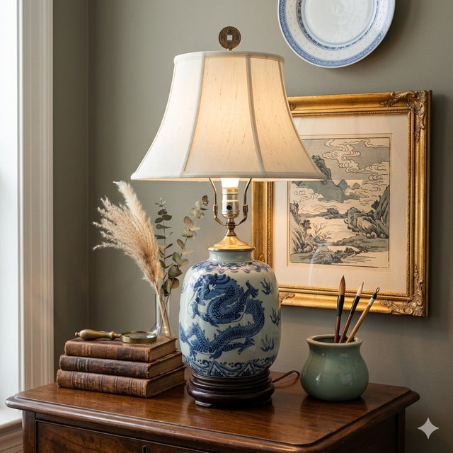 Elevate your space with this classic Chinese Blue and White "Ginger Jar" style table lamp. This piece features a striking...