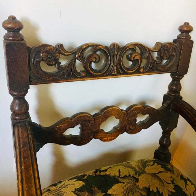 English 19th-century armchair frame with foliated tapestry upholstery at the seat. Carved and pierced back with nicely...