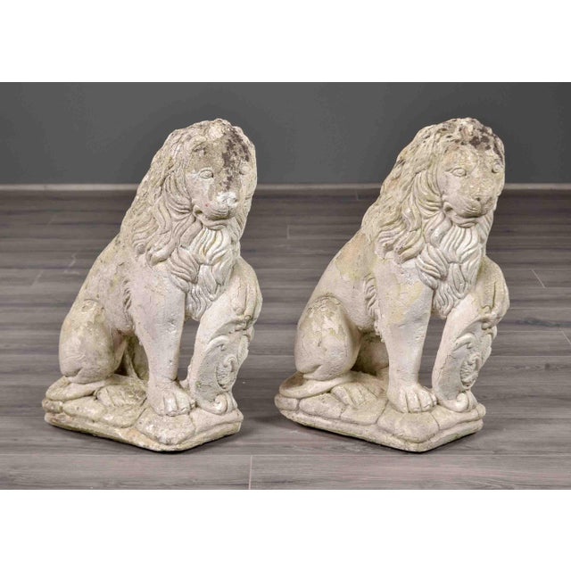 Pair of Vintage French Cast Stone Seated Lion Garden Statues For Sale - Image 9 of 10
