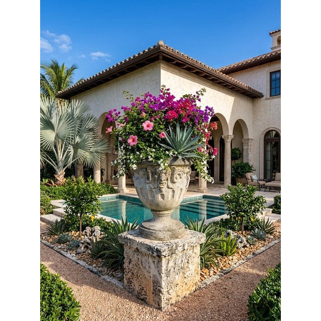 Vintage Neoclassical Cast Stone Garden Urn Planter With Lion Mascarons For Sale - Image 12 of 12