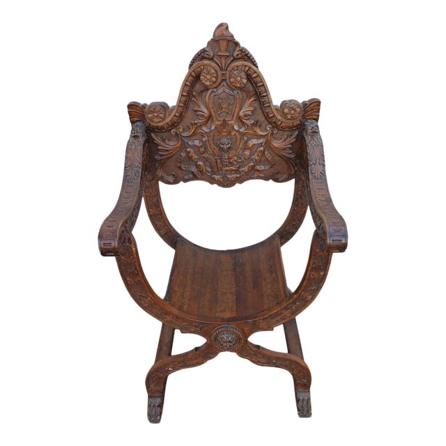 19th Century Italian Savonarola Desk Chair With Lions Heads and Hairy Paw Feet For Sale